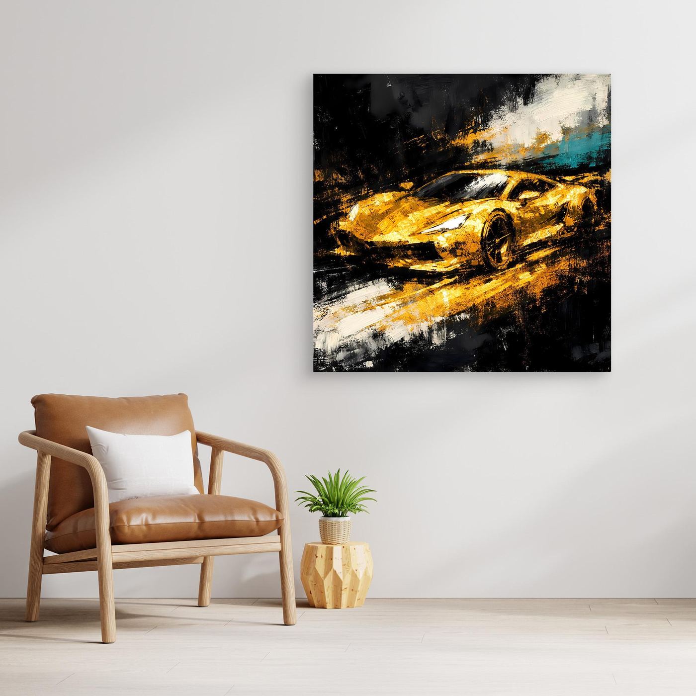 Leinwand Goldener Supersportwagen | Modernes Abstraktes Rennsport Wandbild