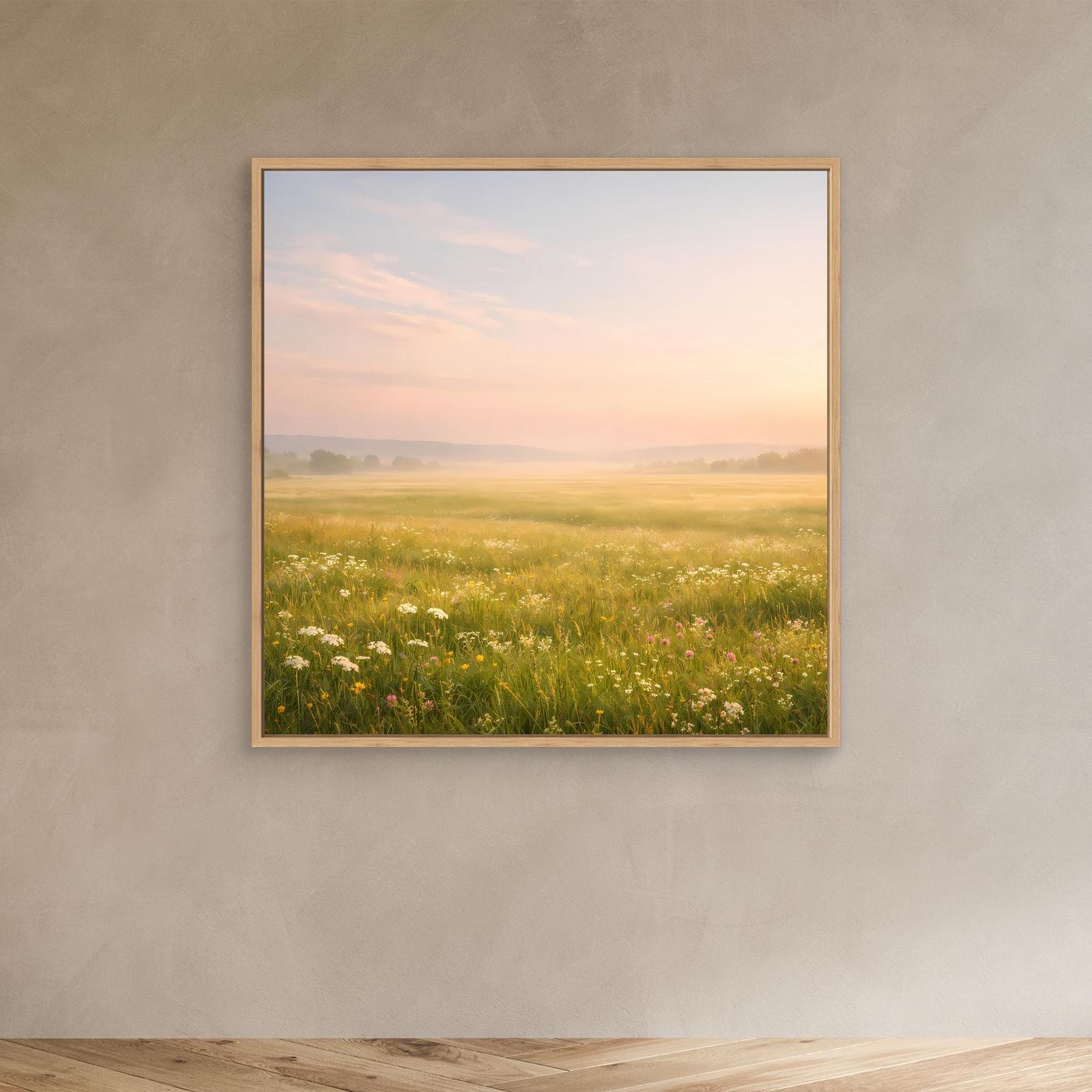 Leinwandbild Neblige Blumenwiese mit Wildblumen im Eichenrahmen, goldgrünes Gras