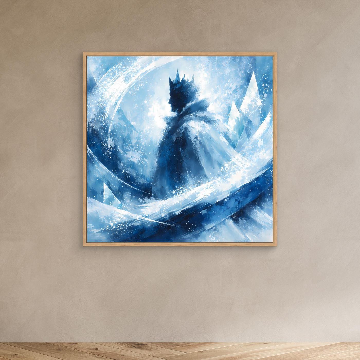 Leinwandbild mit abstraktem Wintermotiv Blau im Eichenrahmen, Eiskönigin-Silhouette