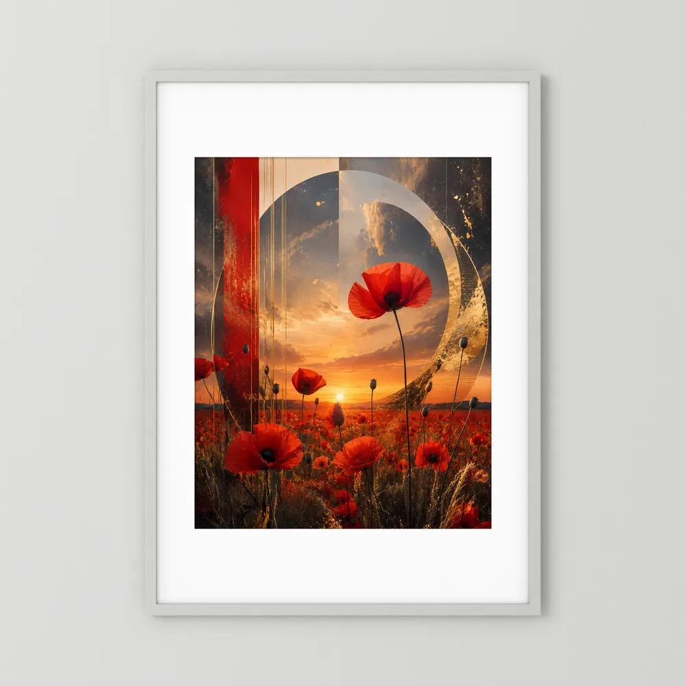 Kunstposter mit roten Mohnblüten und goldenem Kreis, weißes Passepartout im hellen Rahmen