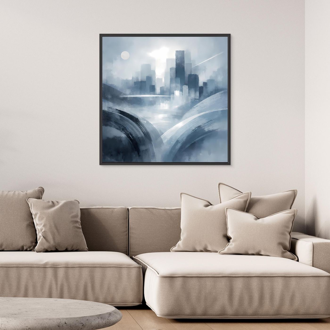 Leinwandbild mit abstrakter Skyline in Blau-Grau im schwarzen Rahmen