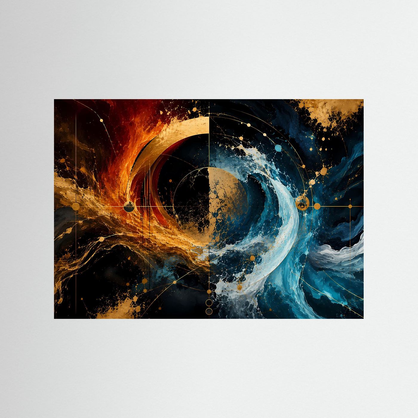 Feuer & Wasser – Abstrakte Elementekunst | Goldene Geometrie in Blau, Orange & Schwarz
