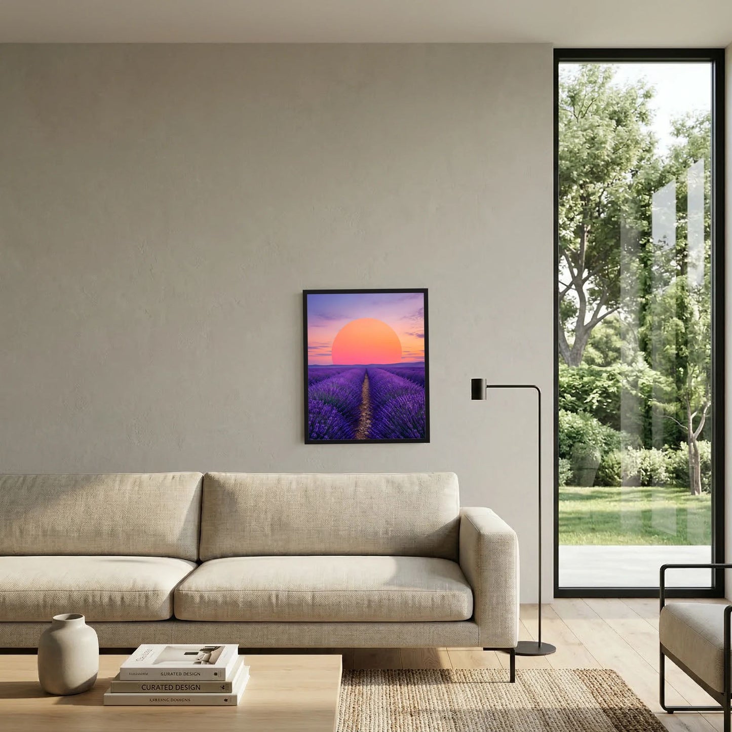 Hochformat-Poster: lila Lavendelpfad mit großer orangefarbener Sonne und pastellfarbenem Abendhimmel