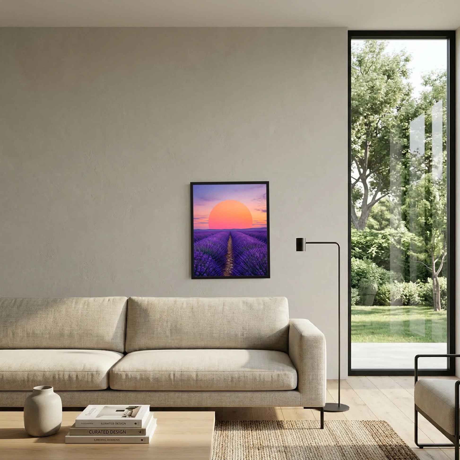 Hochformat-Poster: lila Lavendelpfad mit großer orangefarbener Sonne und pastellfarbenem Abendhimmel