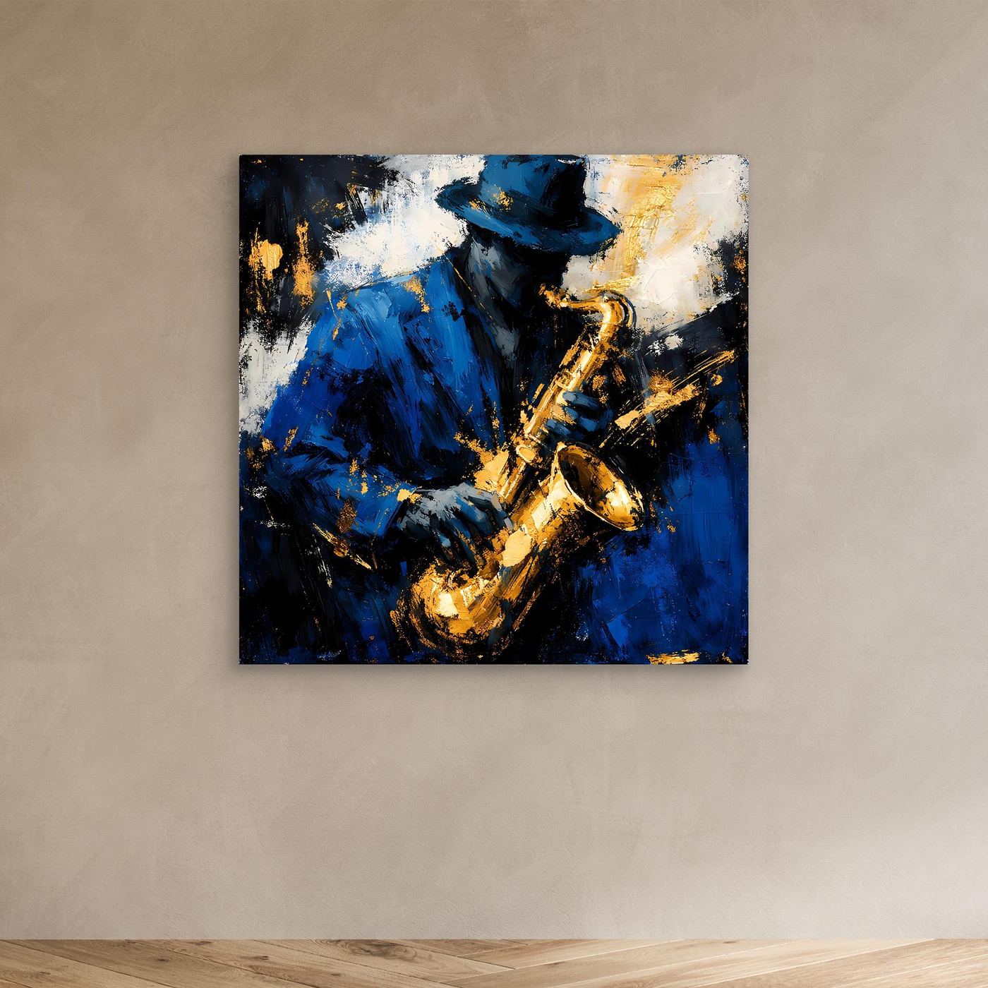 Leinwand Eleganter Jazz-Saxophonist in Blau und Gold | Abstraktes Musik Wandbild