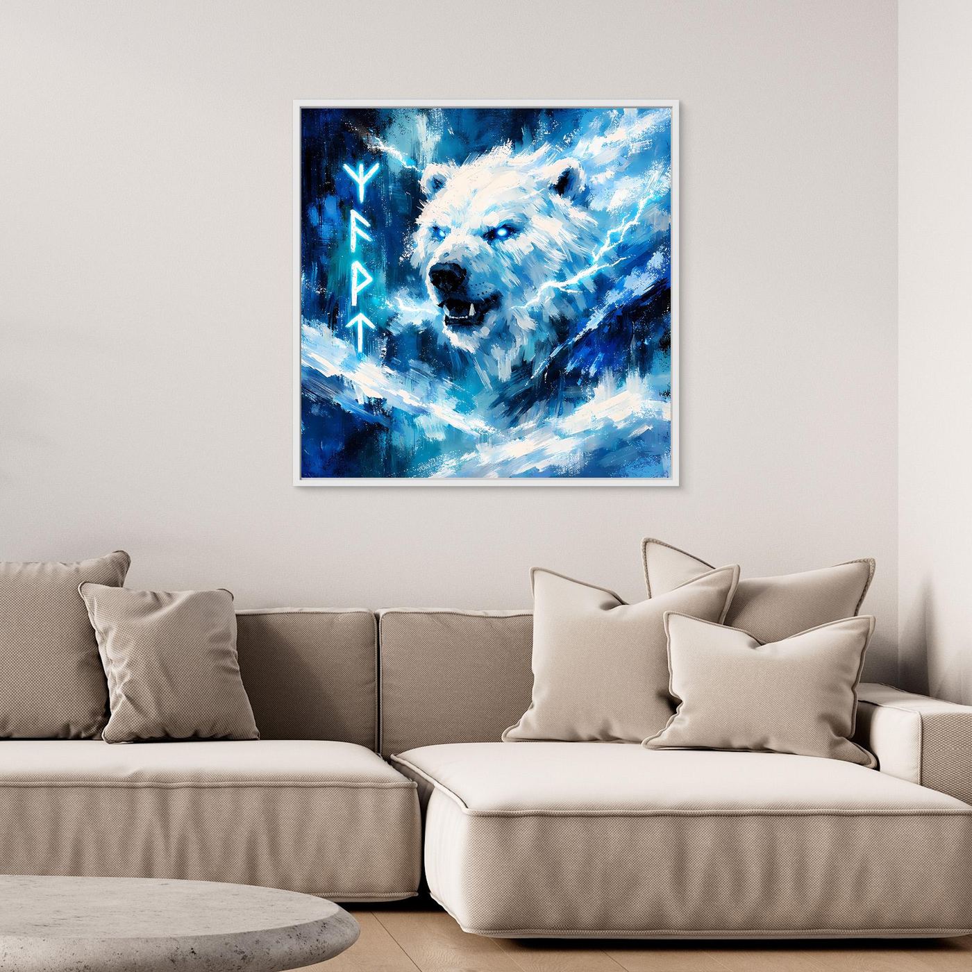 Leinwand-Wandbild im weißen Rahmen: Eisbär mit Runen, blaues Nordlicht