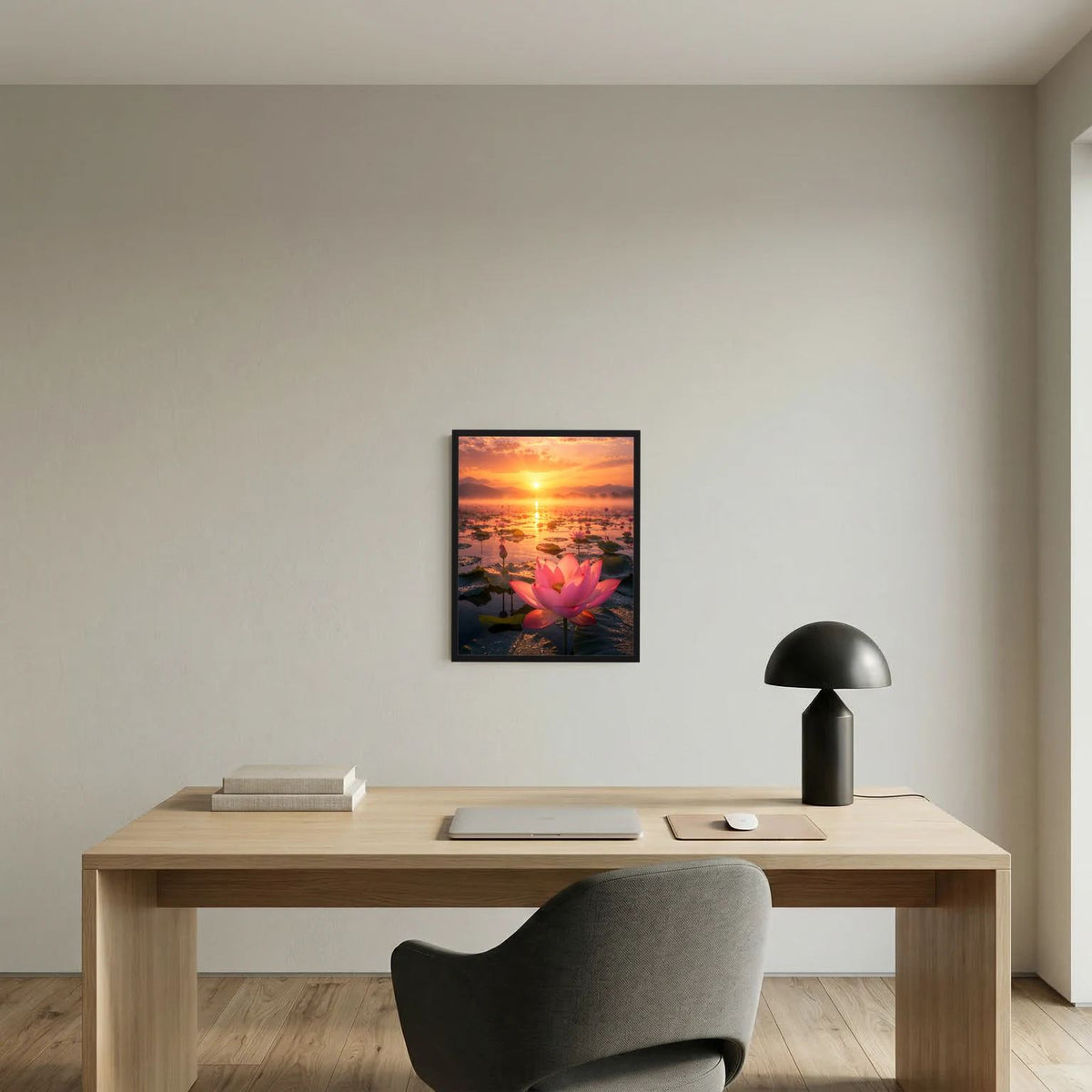 Wandposter mit rosa Lotusblüte bei Sonnenuntergang, klein gerahmt in dunklem Rahmen