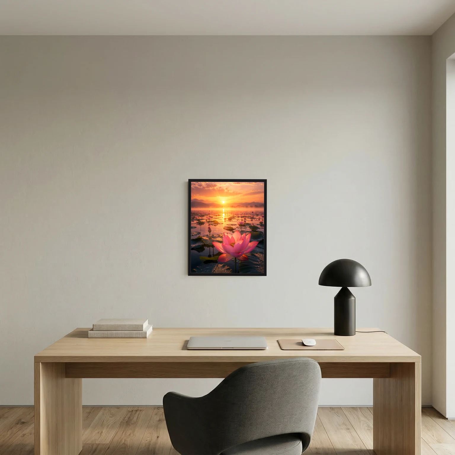 Wandposter mit rosa Lotusblüte bei Sonnenuntergang, klein gerahmt in dunklem Rahmen