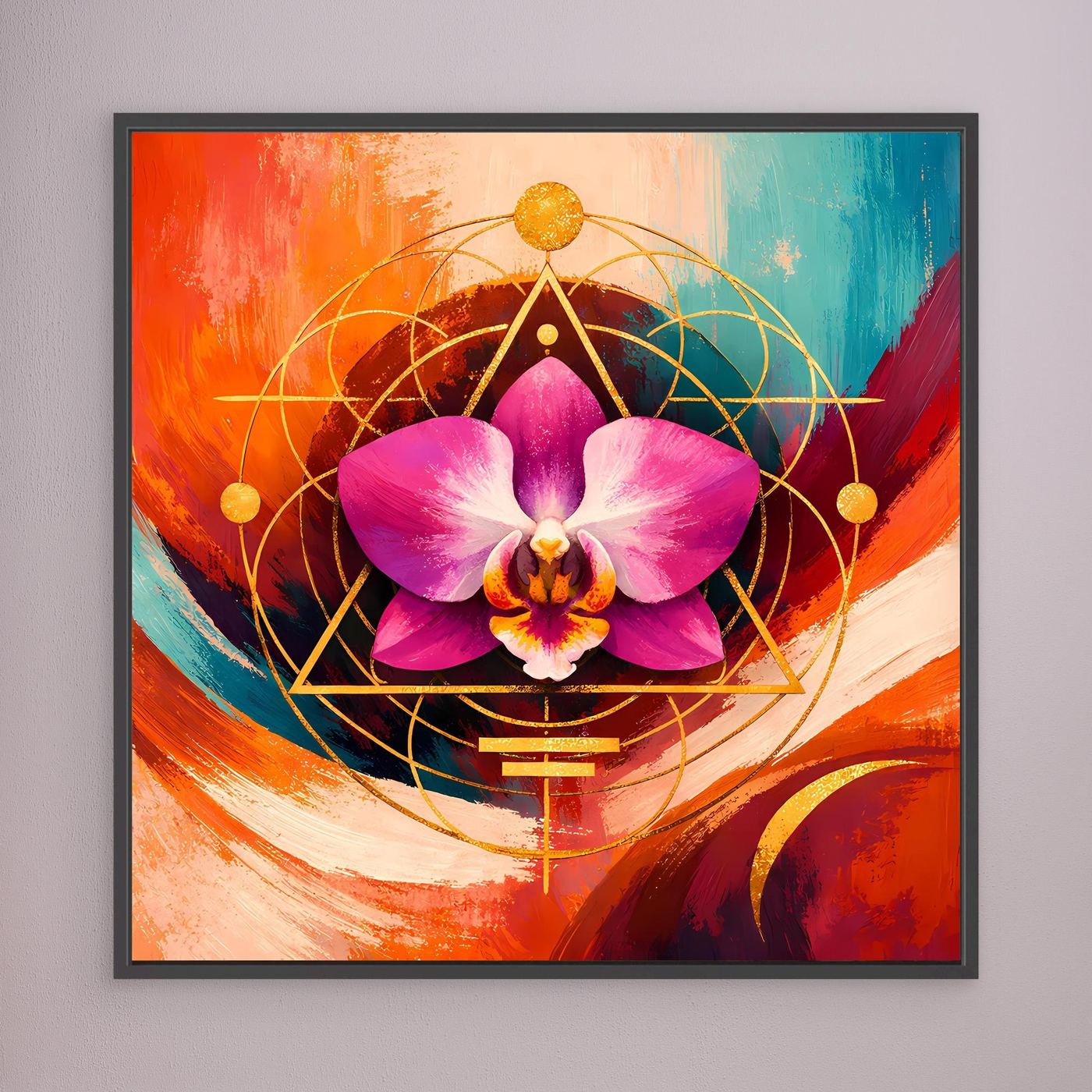 Orchideen-Leinwandbild mit goldener Geometrie, pinker Orchidee und dunklem Rahmen