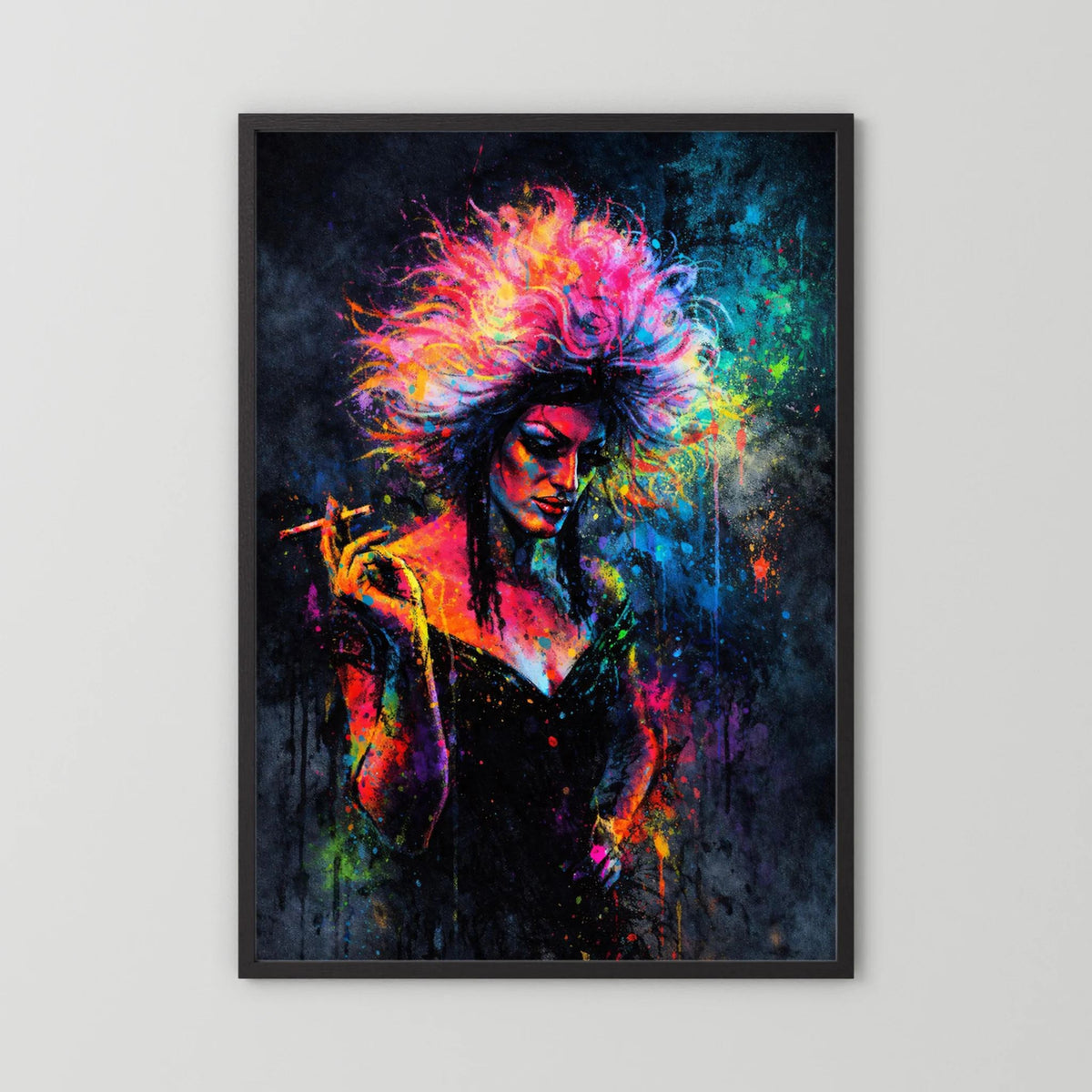 Drag-Queen-Poster im schwarzen Rahmen mit Zigarette, leuchtende Perücke, Neonfarben