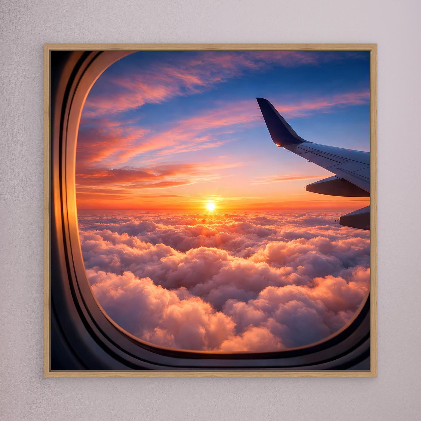 Leinwandbild mit Flugzeugfensterblick, Sonne im Sonnenuntergang über Wolken, Eichenrahmen