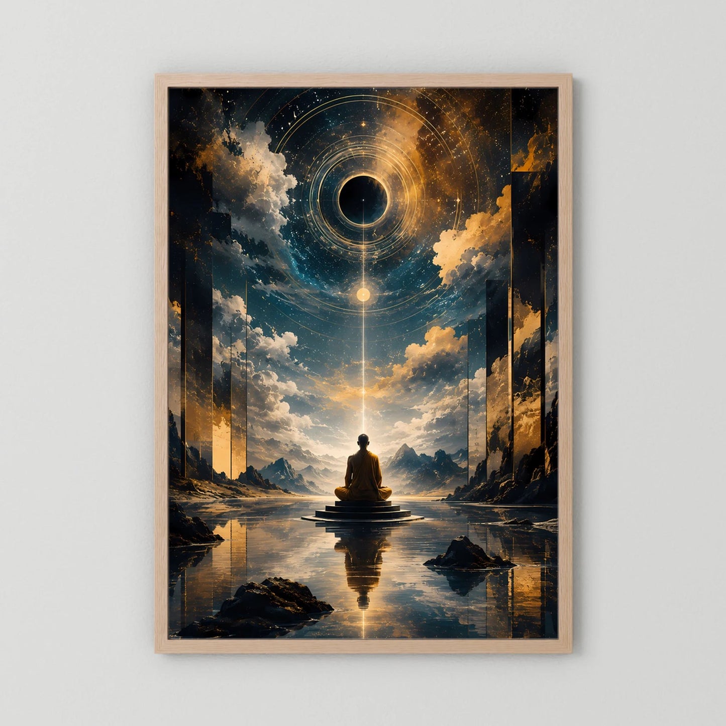 Hochformatiges Poster mit Mönch zwischen Licht und Unendlichkeit, heller Holzrahmen