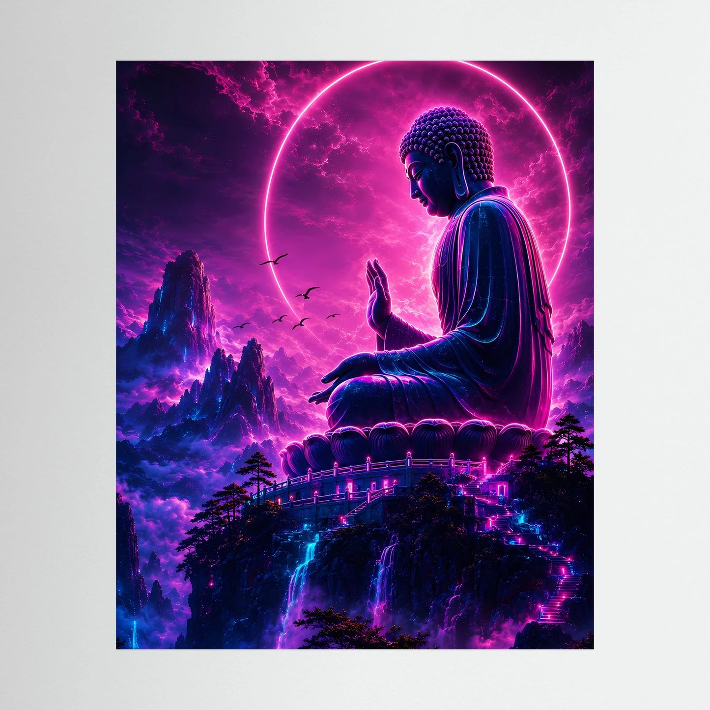 Meditierender Buddha als Neon-Poster, violett-pinkes Licht und Leuchtkreis vor Bergen
