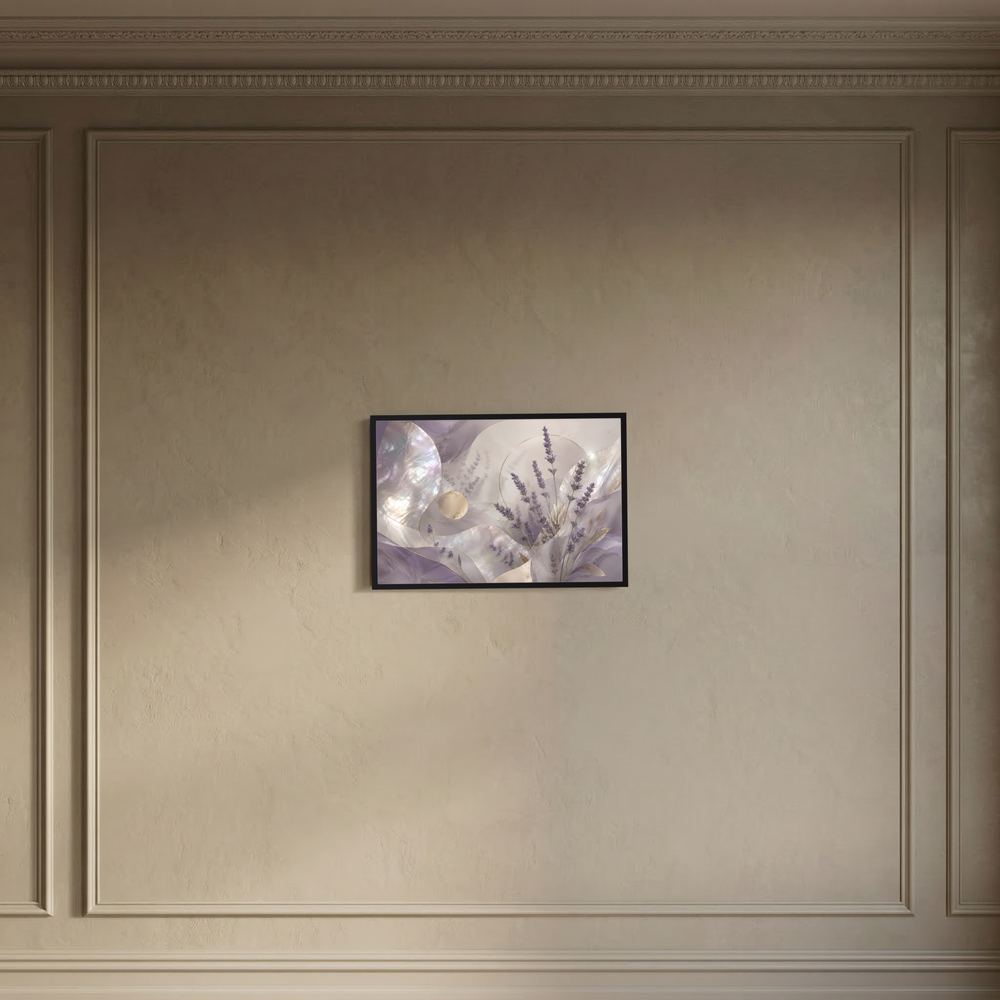 Querformat-Poster mit abstrakten Lavendel-Blüten in Lila und Gold, schwarzer Rahmen