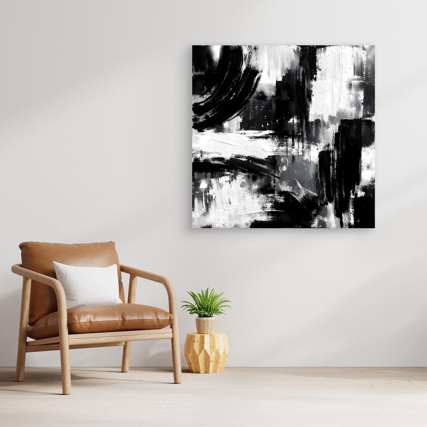 Square black-and-white abstract canvas painting with expressive brushstroke texture