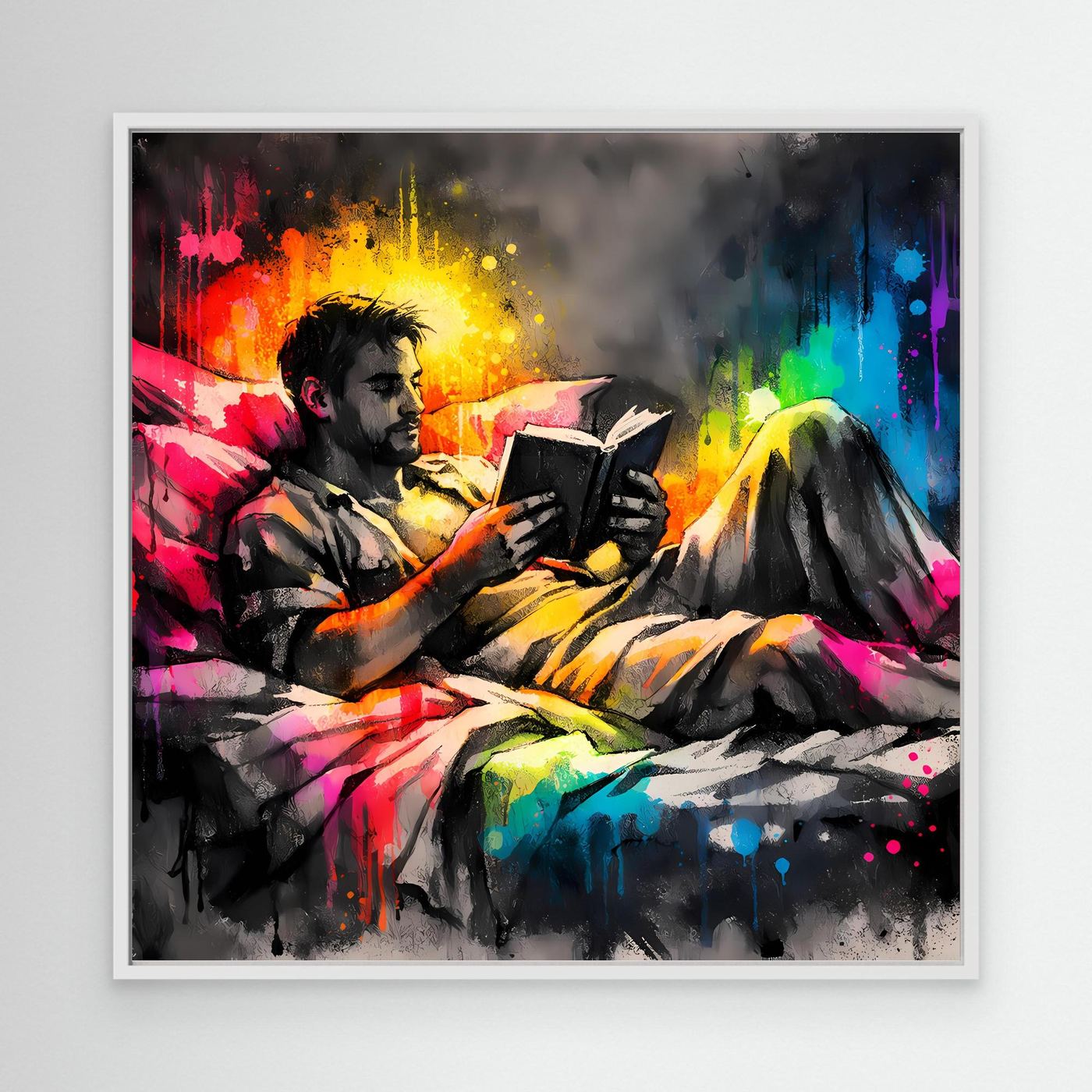 Leinwandbild mit lesendem Mann, abstraktes Farbspiel mit Rot-, Grün- und Blautönen, weißer Rahmen