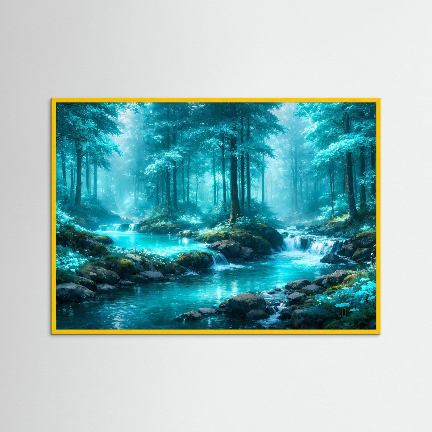 Wandbild mit gelbem Rahmen: Waldfluss mit türkisfarbenem Wasser und Grün