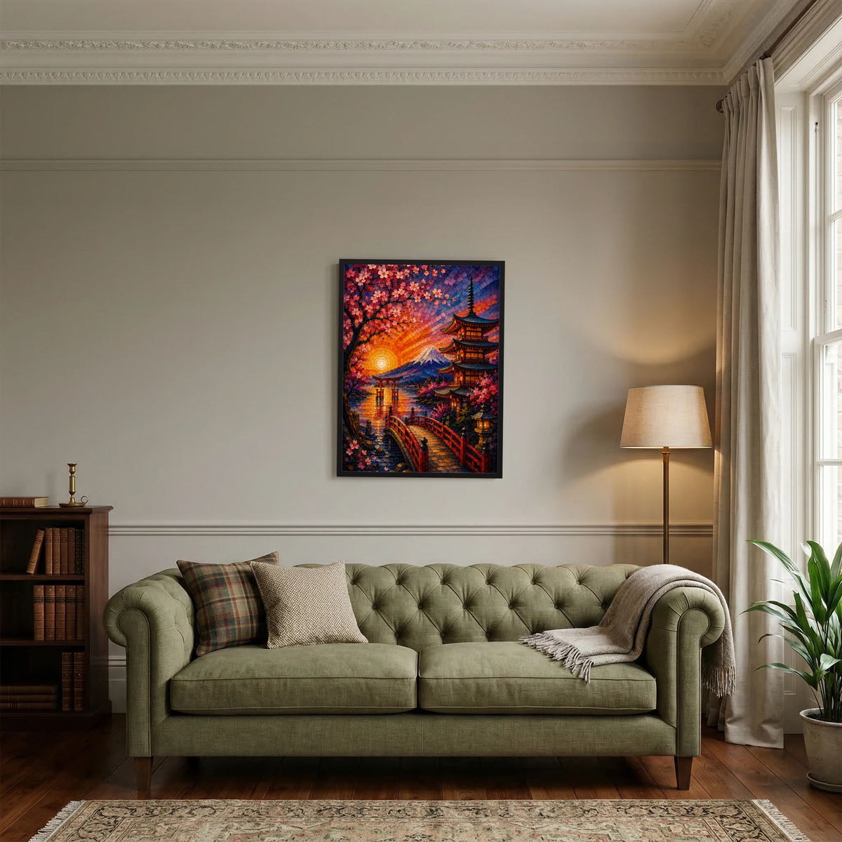 Wandposter im Hochformat: Sakura, Pagode und Fuji bei Sonnenuntergang, schwarzer Rahmen