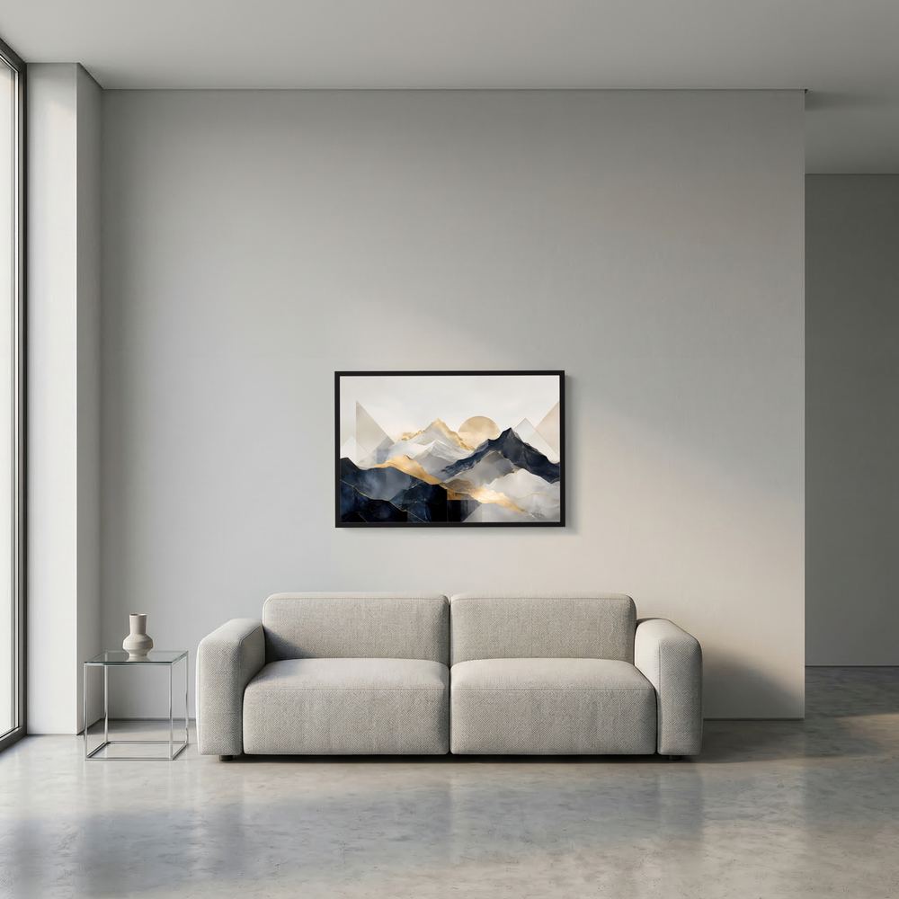 Wandbild im schwarzen Rahmen mit abstrakter Berglandschaft in Beige und Gold