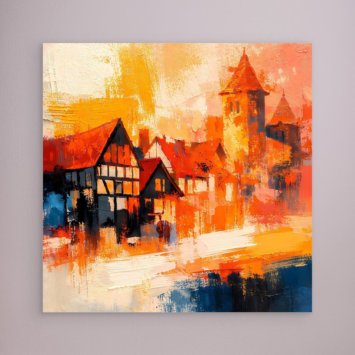 Premium Leinwand Romantische Altstadt im Farbenrausch | Modernes Fachwerk Wandbild abstrakt