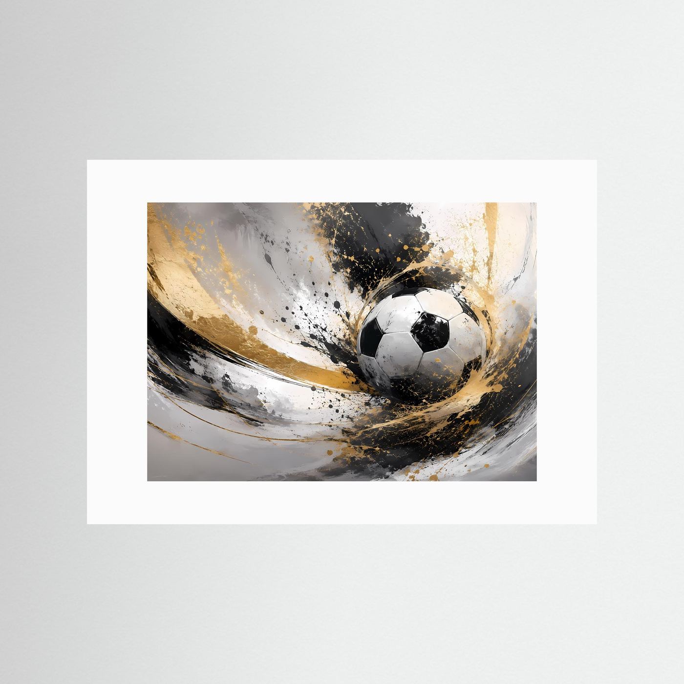Fußballkunst-Poster mit weißem Passepartout und schwarzem Ball, gold-schwarz gesprüht