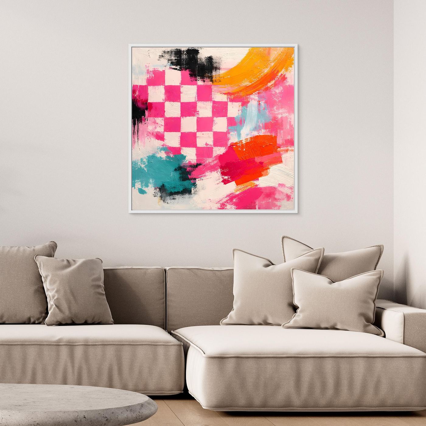 Abstraktes Herz-Wandbild auf Leinwand mit rosa Schachbrettmuster, türkis und orange Akzenten im weißen Rahmen