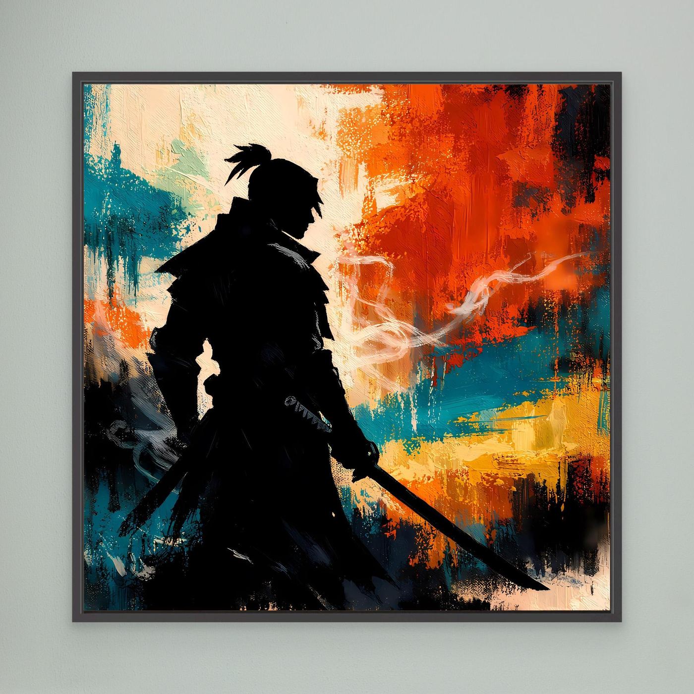 Wandbild mit Samurai-Silhouette und abstrakten Farbflecken, schwarzer Rahmen