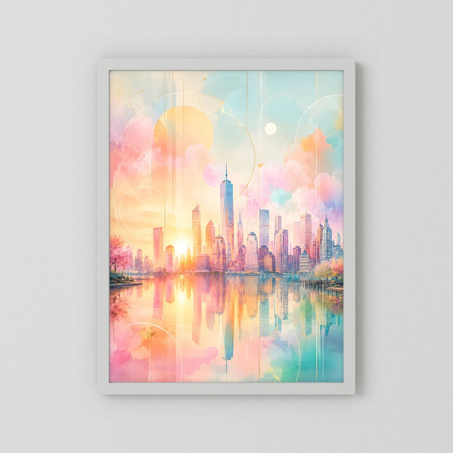 Hochformatiges Kunstposter, abstrakte Skyline in Pastellrosa/Türkis, weißer Rahmen