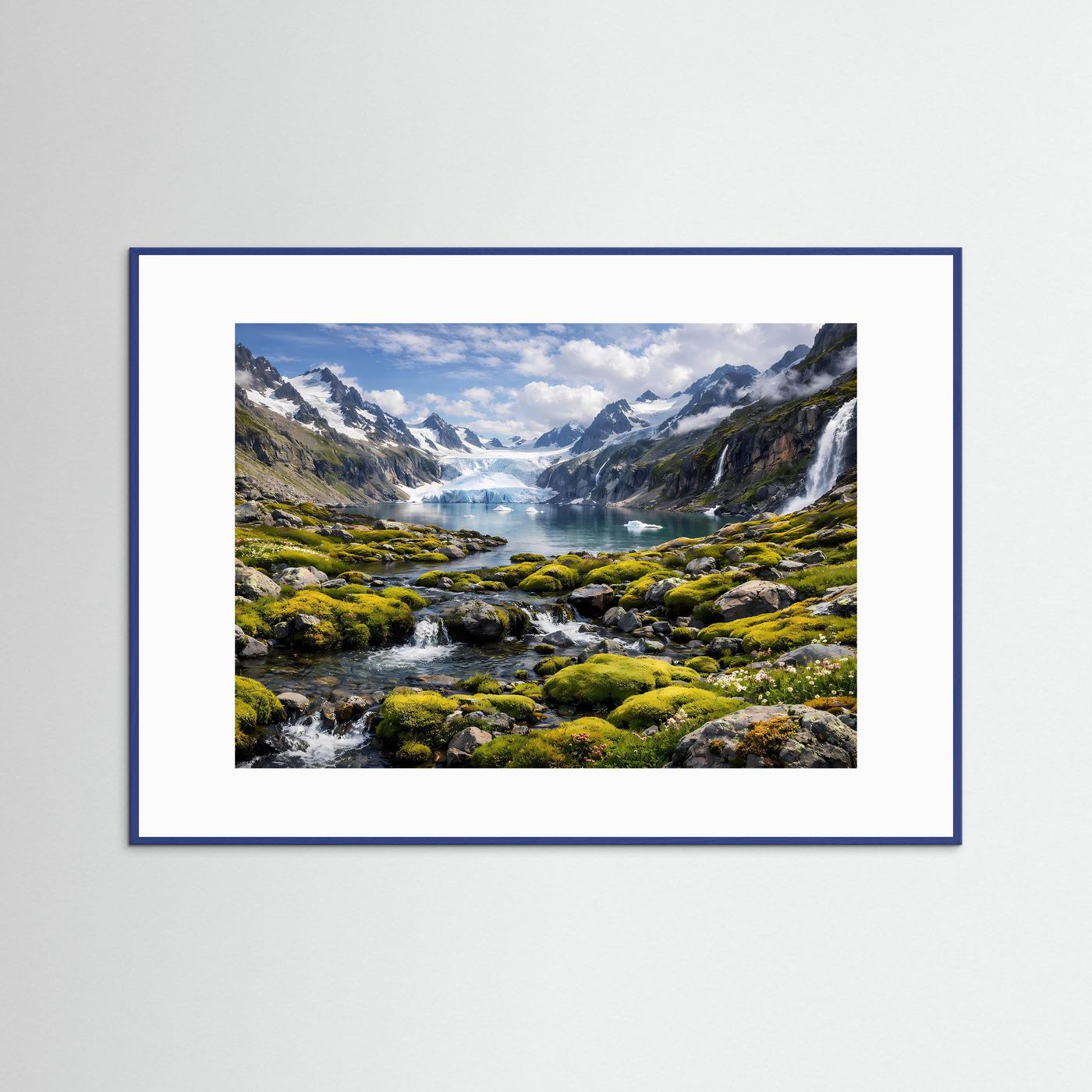 Bergposter mit Gletscher-See- und Wasserfall-Panorama, blauer Holzrahmen