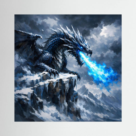 Leinwand-Wandbild: Eisdrache auf Felsgipfel mit blauem Energieatem im Sturm