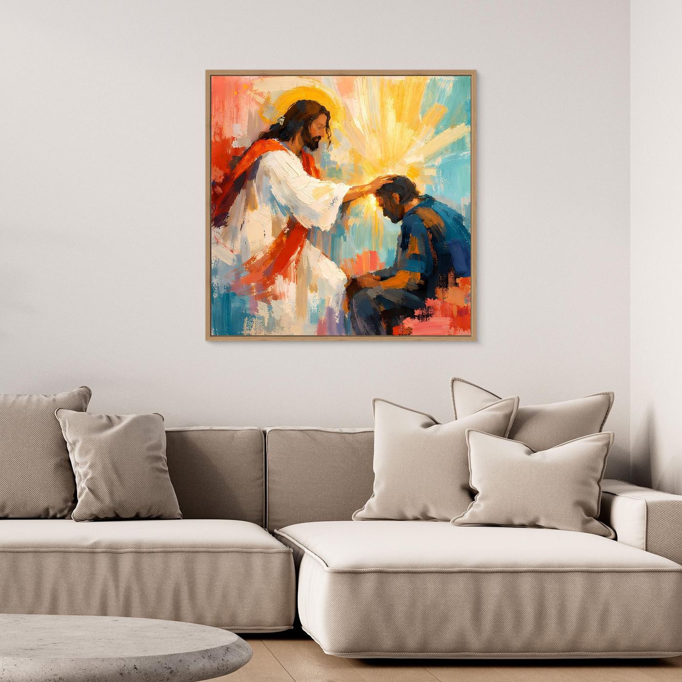 Christian canvas wall art of Jesus blessing a praying man with gold frame