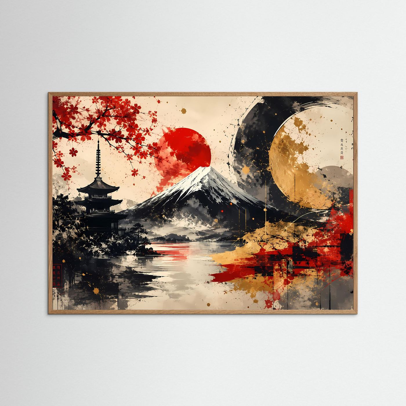 Gerahmtes Japan-Kunstposter im Querformat mit Fuji, rotem Laub und großem Mond