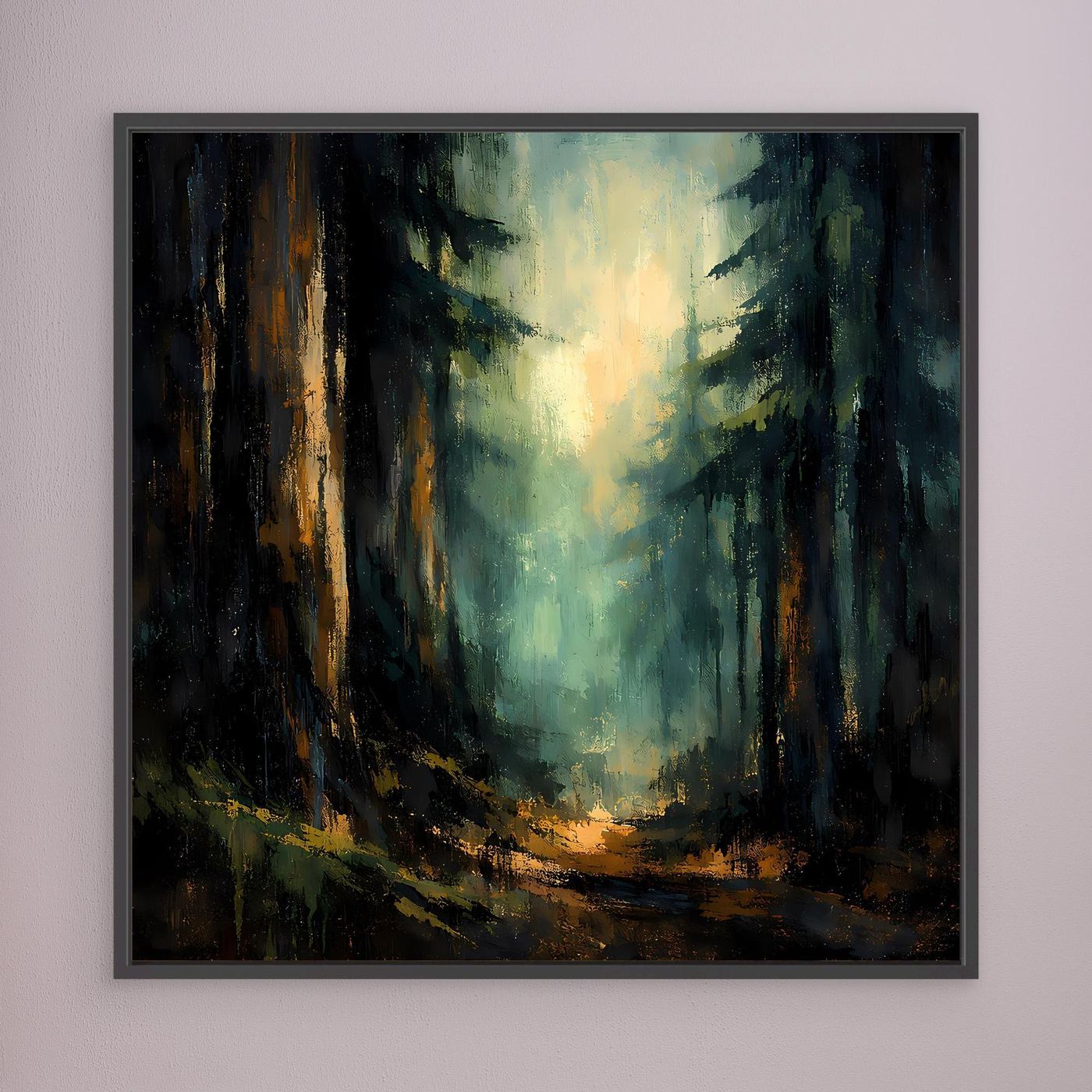 Wandbild: abstrakter Wald mit Licht und Grüntönen, goldener Pfad im schwarzen Rahmen