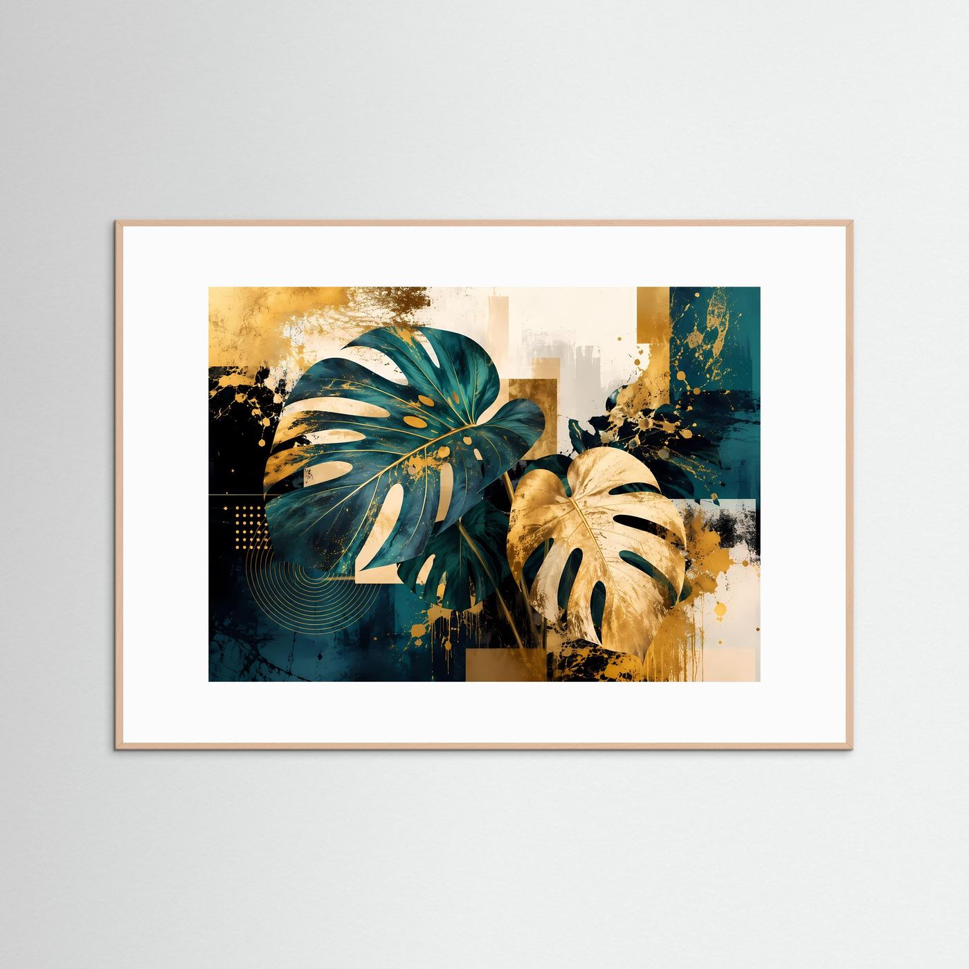 Goldene Monstera-Blätter in Petrol & Ocker | Modernes Abstract-Art Poster Querformat