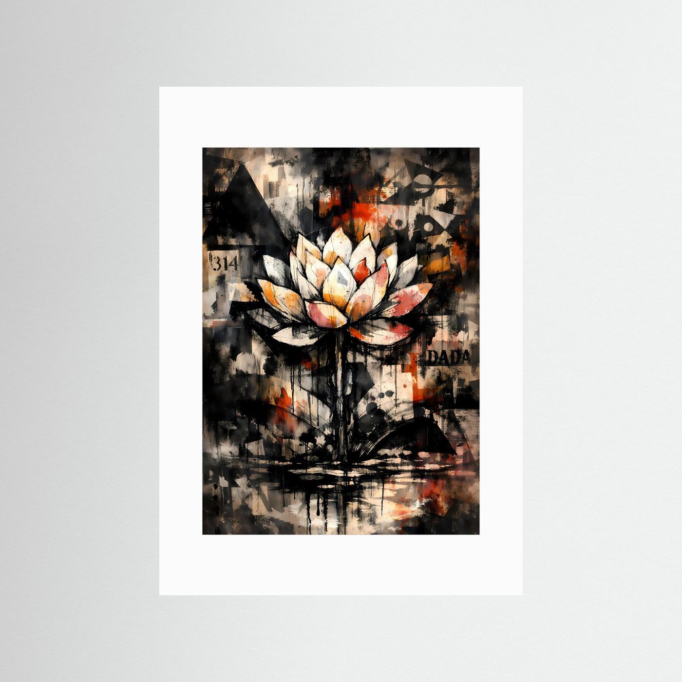 Kunstposter mit abstrakter Lotusblüte in Graphitschwarz, Altweiß & Rostorange, ohne Rahmen