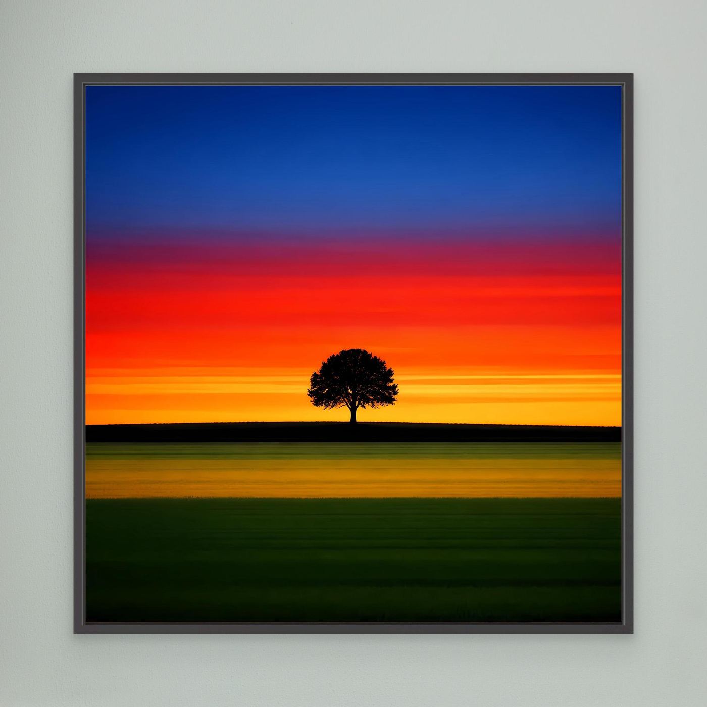 Gerahmtes Leinwandbild mit Sonnenuntergangslandschaft und Baum, dunkler Rahmen