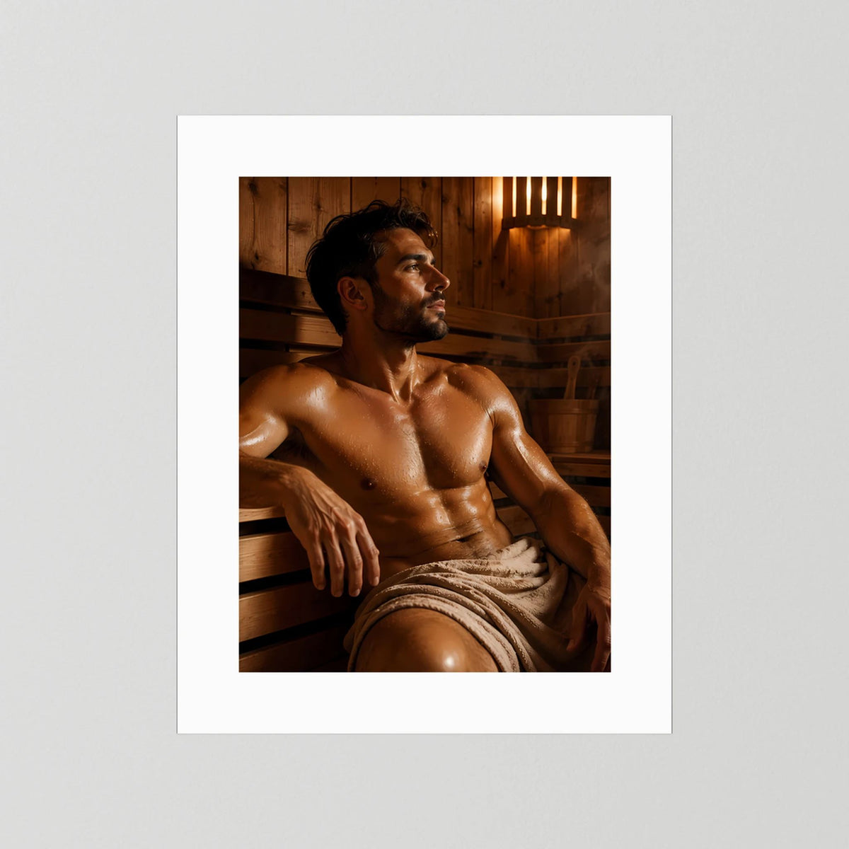 Sauna-Poster mit sitzendem Mann, weißes Passepartout, ohne sichtbaren Rahmen