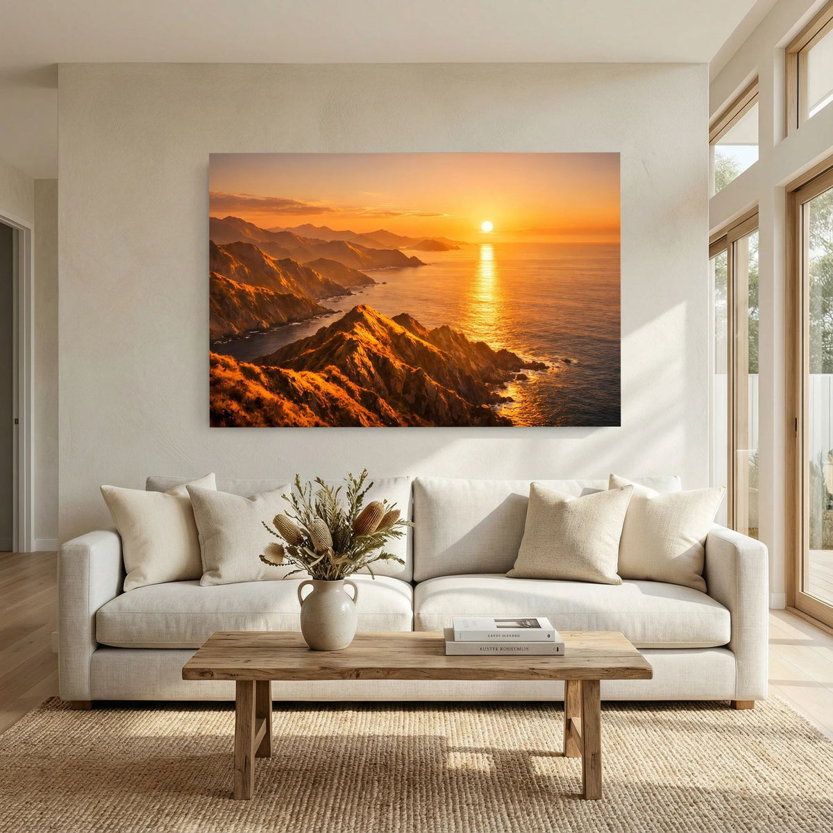 Wandbild im Querformat: Sonnenuntergang über Küstenklippen, Sonne spiegelt sich im Meer