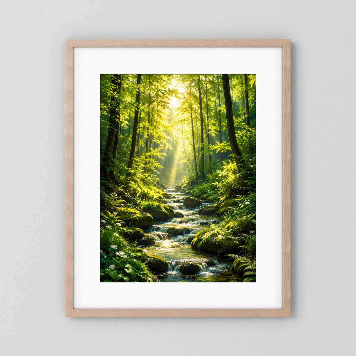 Hochformat-Poster Waldbach mit Sonnenstrahlen, hellbrauner Holzrahmen mit weißem Rand