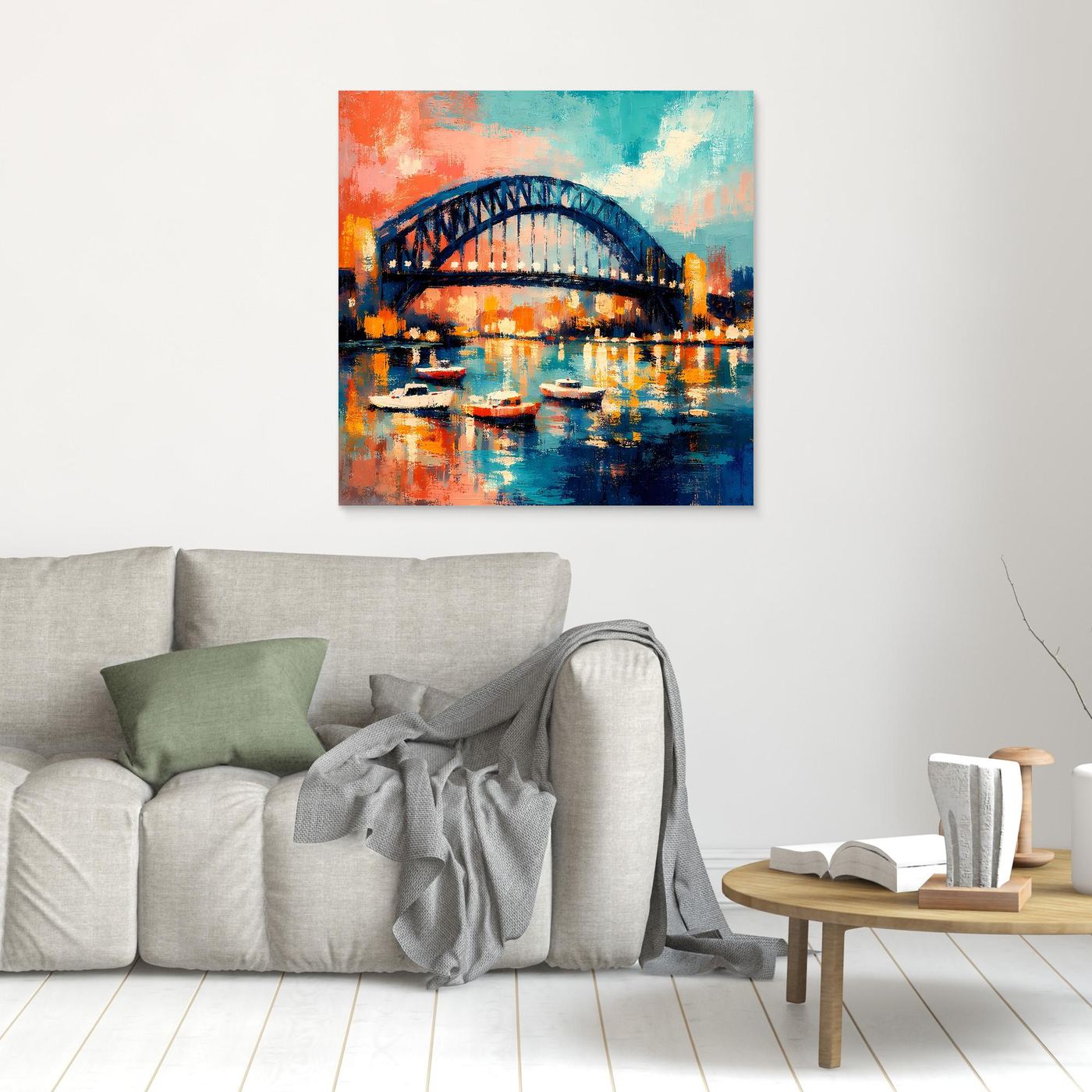 Kleines Leinwandbild der Sydney Harbour Bridge mit Booten, abstrakt, ohne sichtbaren Rahmen