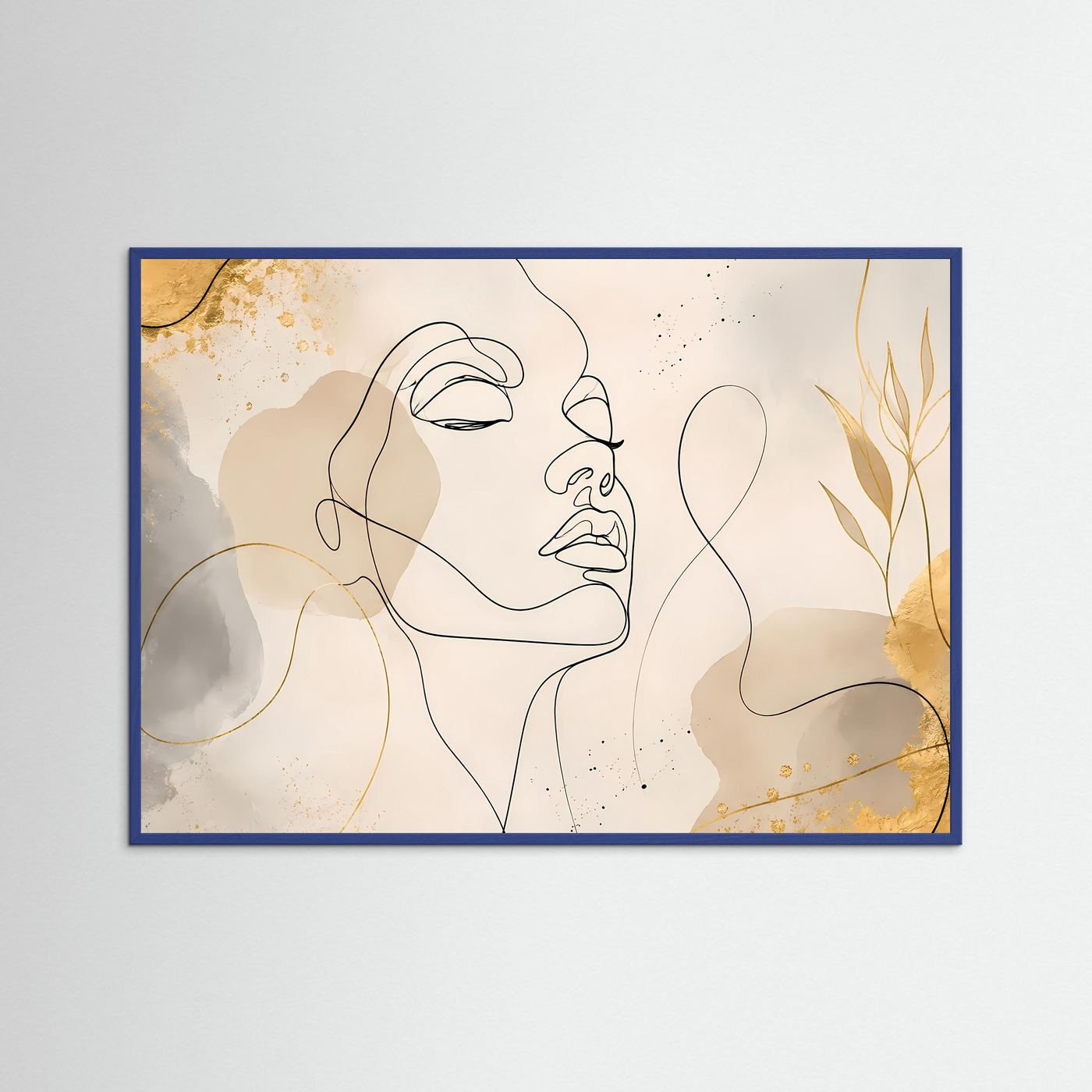 Minimalistisches One Line Face Poster Beige Gold | Moderne Line Art Wandkunst Gesicht Querformat