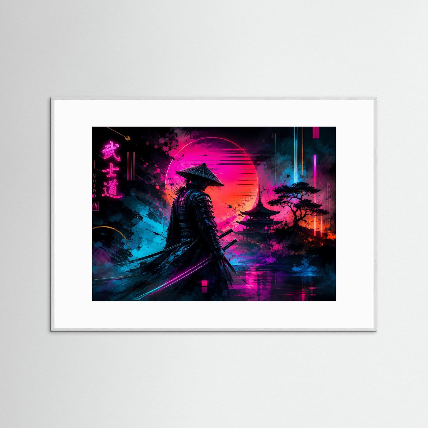Neon-Samurai-Poster im Querformat mit weißem Rahmen und pink-blauer Stadtgrafik