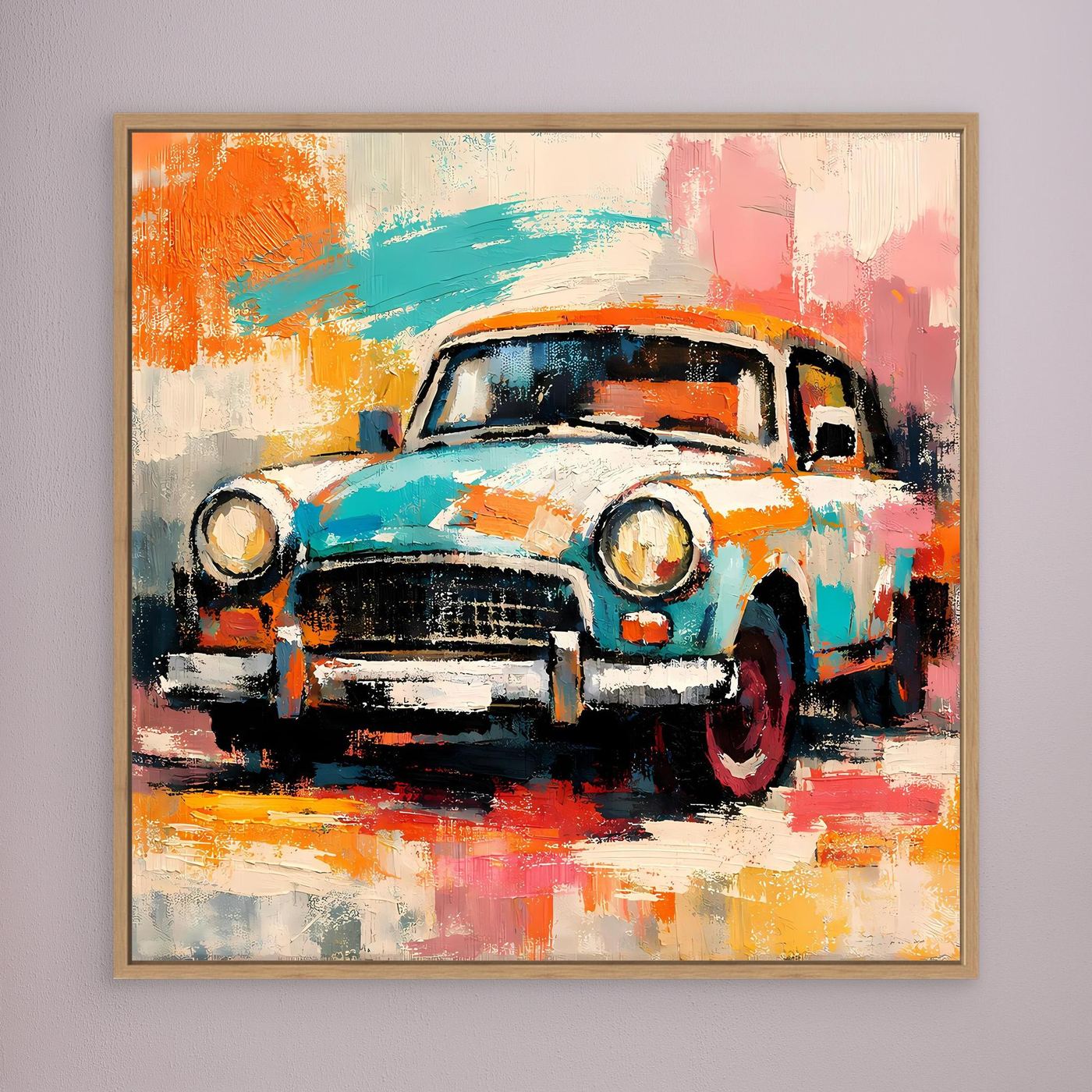 Abstract vintage car wall art in brown oak frame, teal orange pink brushstrokes