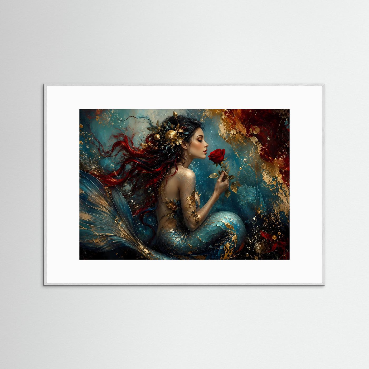 Mystische Meerjungfrau mit roter Rose in Gold & Petrol | Modernes Wandbild mit Fantasy-Art