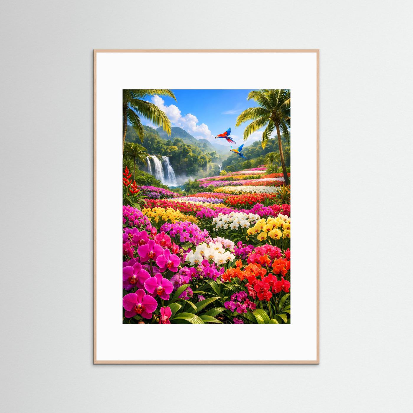Orchideen-Tal Poster: Wasserfall, Palmen und bunte Blumen, im naturfarbenen Rahmen