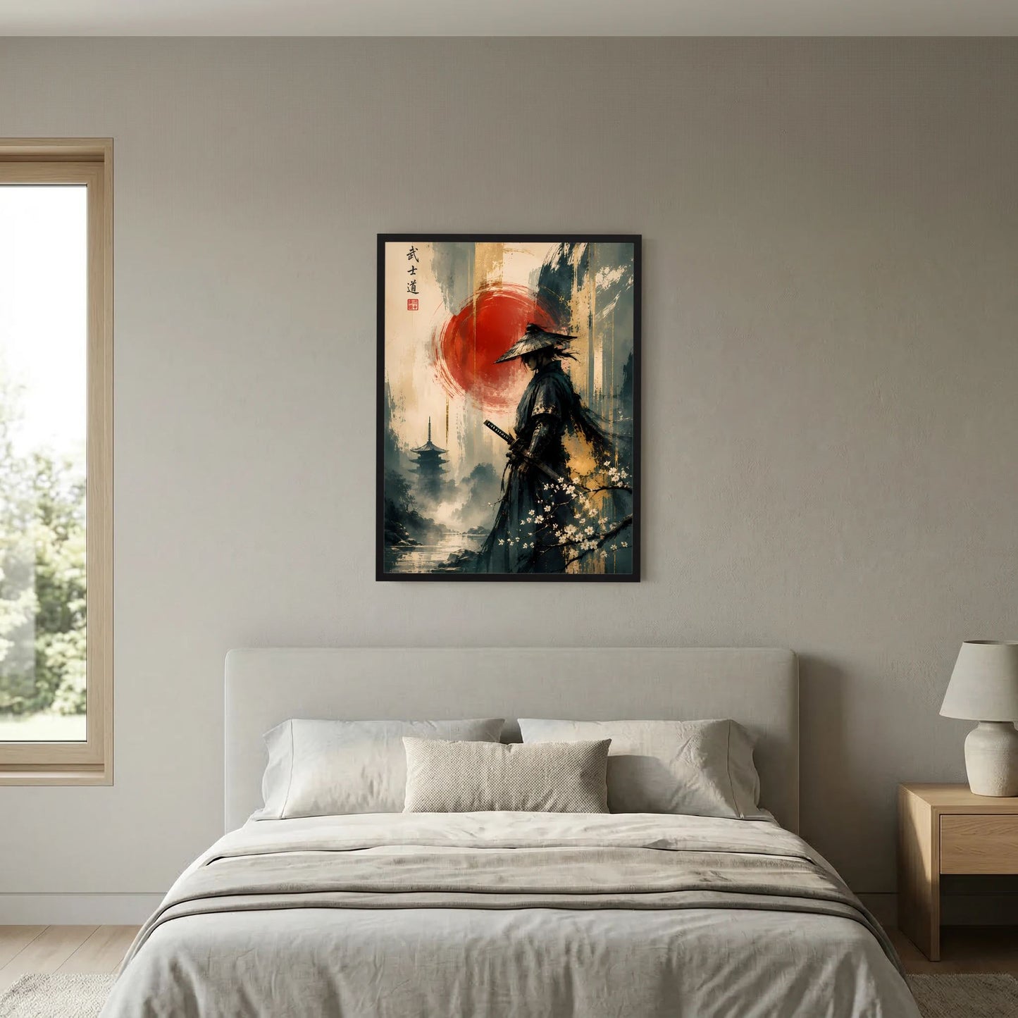 Gerahmtes Poster mit Samurai in dunkler Kleidung vor roter Sonne, Landschaft im Hintergrund.