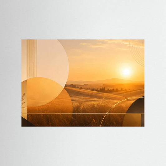 Poster Querformat mit abstrakter Landschaft in warmen Gelb- und Brauntönen, Sonnenmotiv