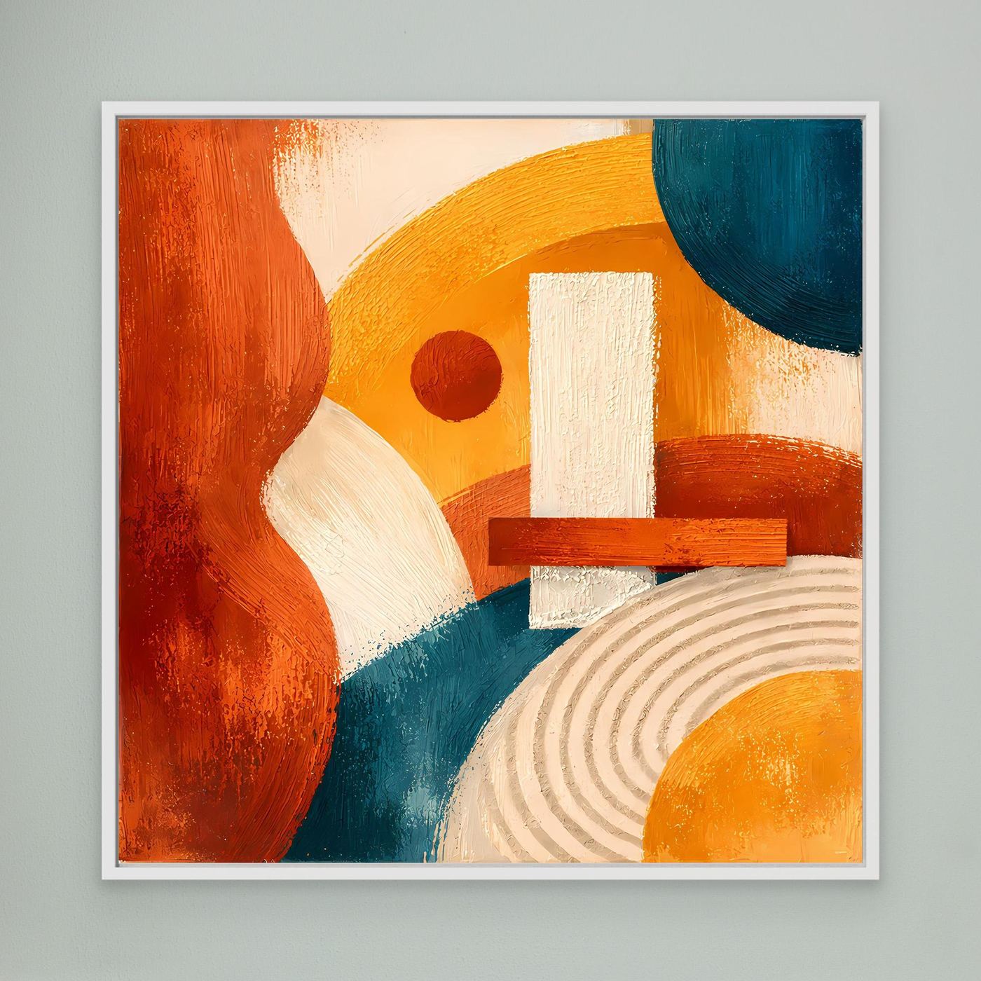 Gerahmtes Leinwandbild mit geometrischen Formen: Terrakotta, Blau, Ocker und Weiß