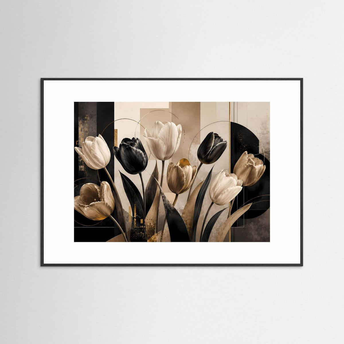 Gerahmtes Poster mit abstrakten Tulpen, schwarz, cremefarben und goldfarbenen Akzenten, quer