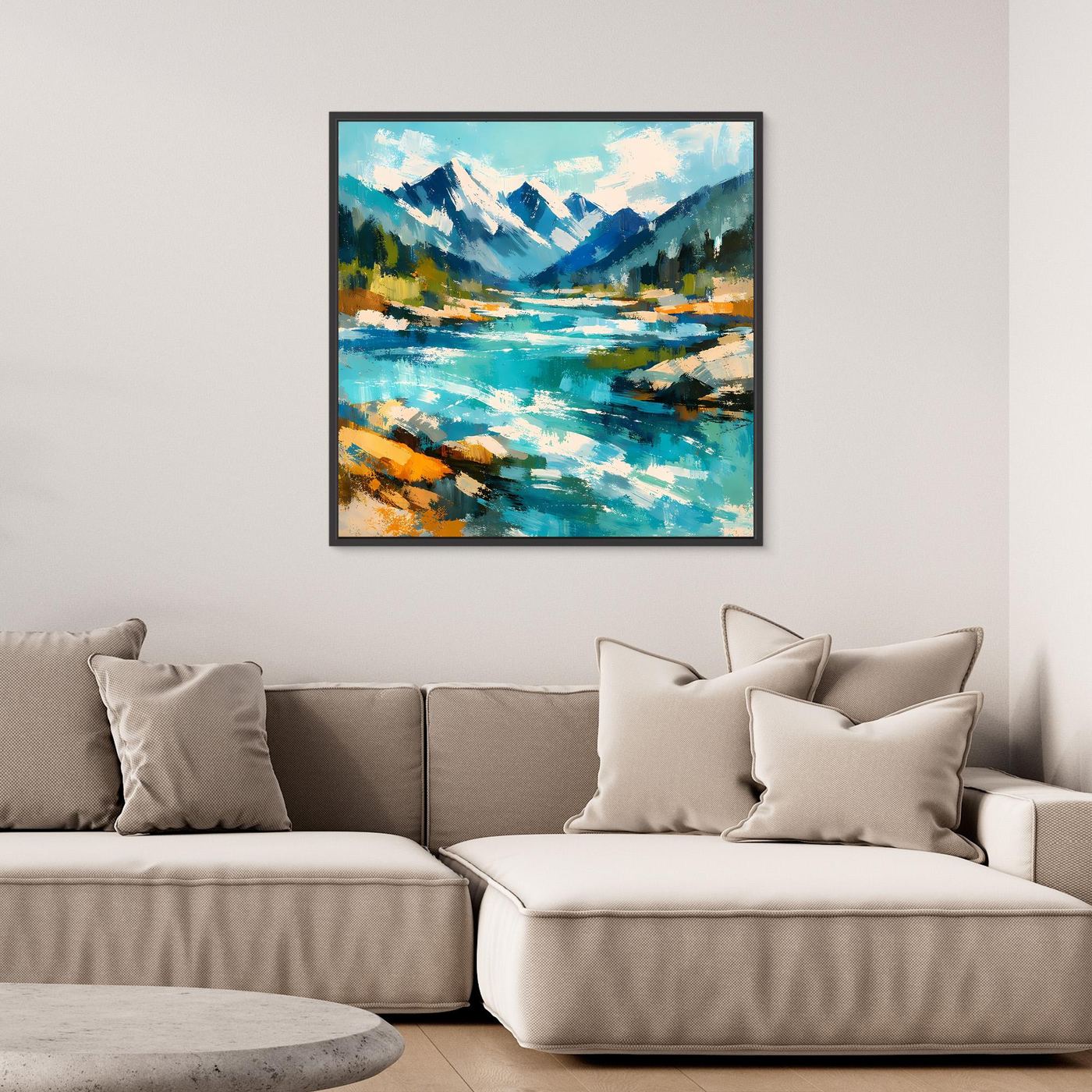 Abstraktes Leinwand-Wandbild mit Berglandschaft und Fluss im schwarzen Rahmen, türkis/blau